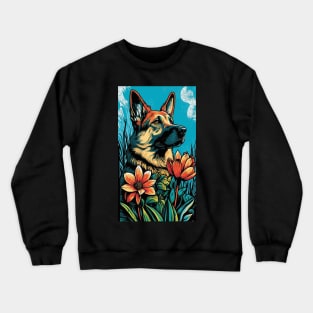 German Shepherd Dog Vibrant Tropical Flower Tall Retro Vintage Digital Pop Art Portrait 3 Crewneck Sweatshirt